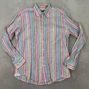 Bullock & Jones Mens Medium Oversized Linen Striped Button Down Shirt Multicolor